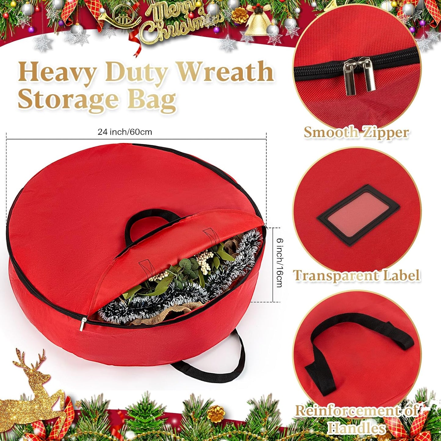 Bolsa almacenamiento corona Navidad 24" tela gruesa roja