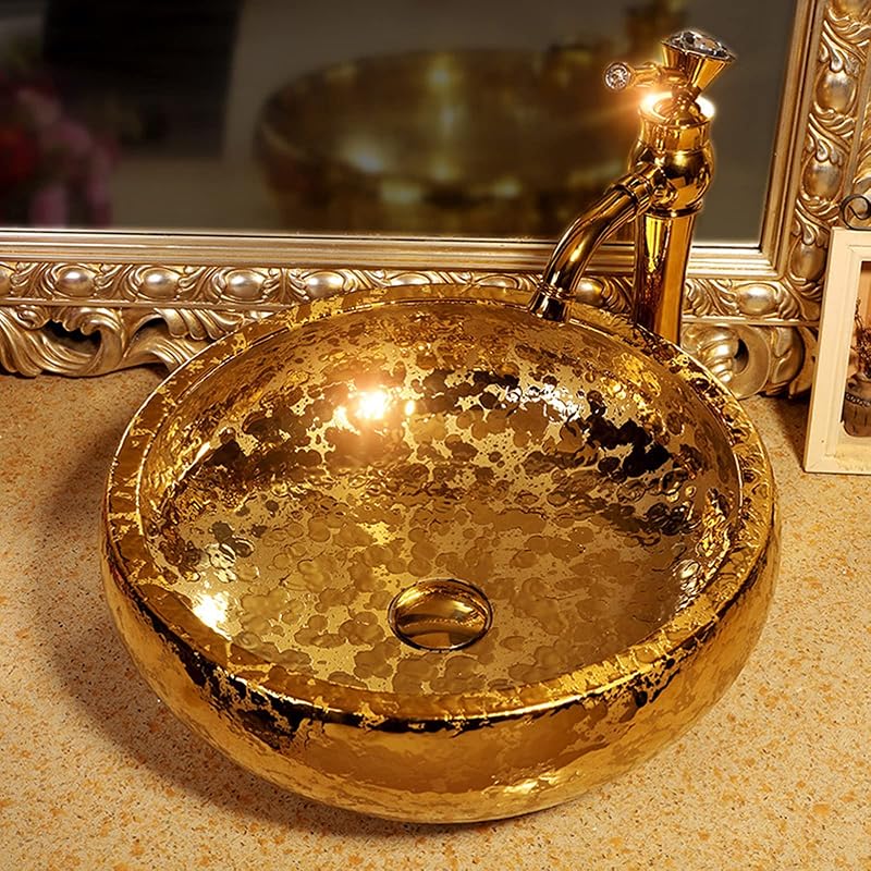 Fregadero redondo dorado para baño cerámica 16.5pulg