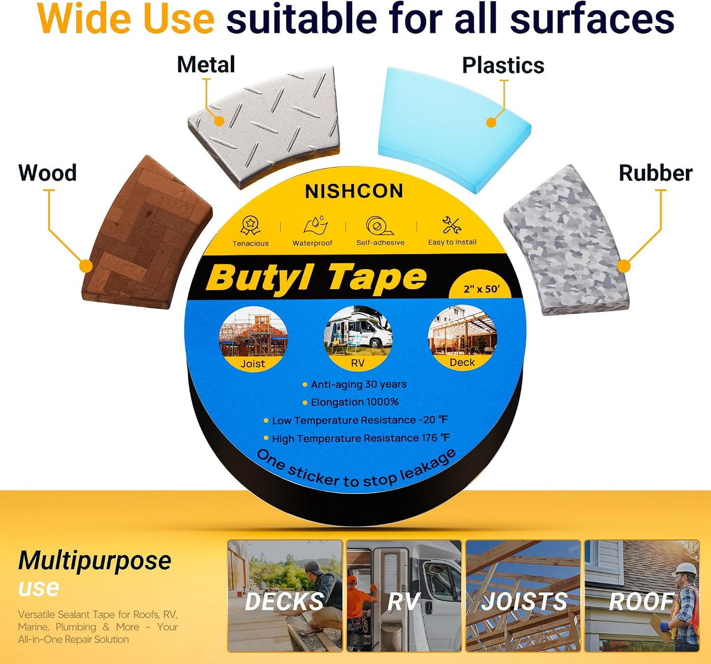 Cinta selladora butilo 2" x50ft impermeable 10 rollos
