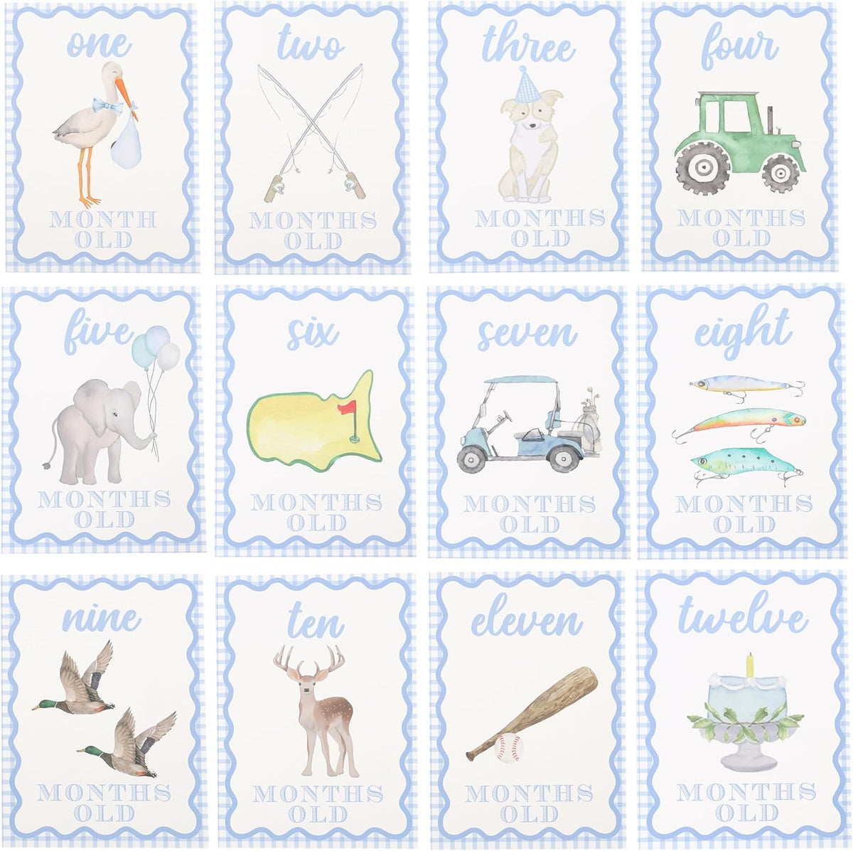 Tarjetas hitos bebé accesorios fotos baby shower azul