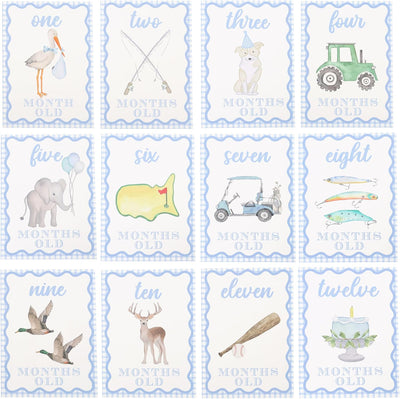 Tarjetas hitos bebé accesorios fotos baby shower azul