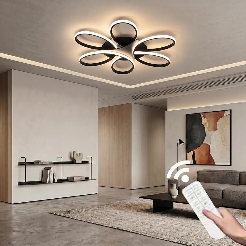 Lámpara techo LED empotrada negro 6 anillos flor