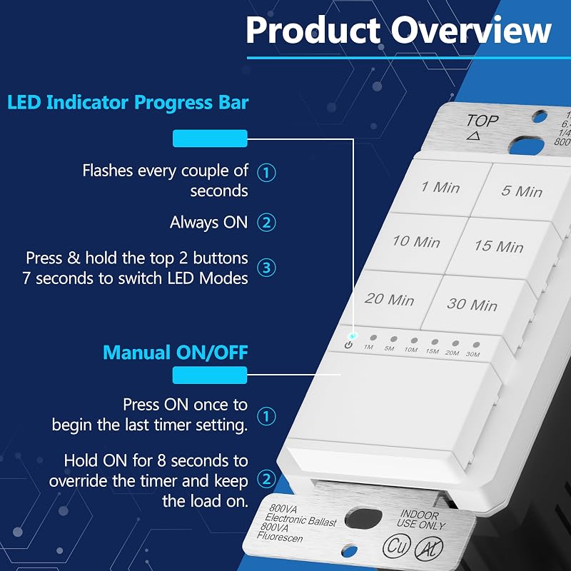 Interruptor temporizador 1-30 min para iluminación LED 1200W