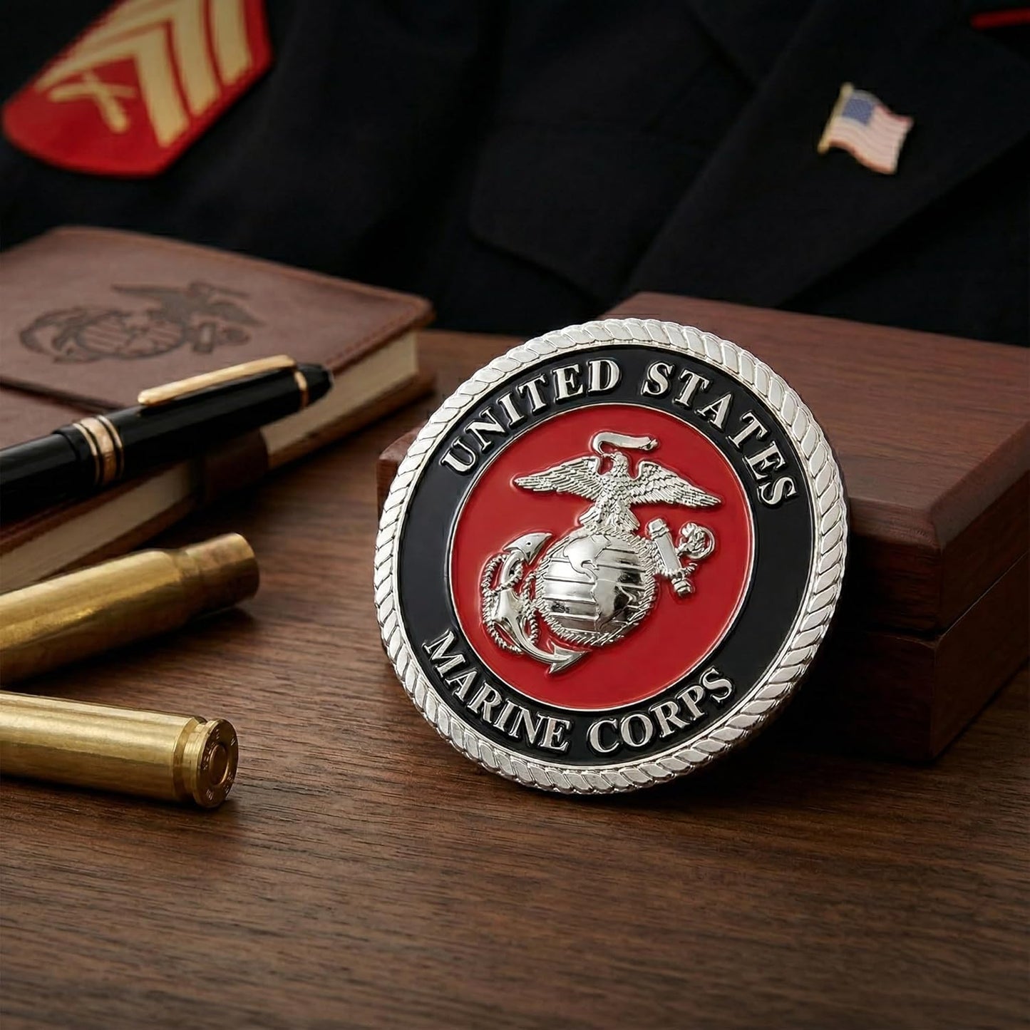 Medallón USMC 3.5" Águila Globo Ancla Rojo Plateado