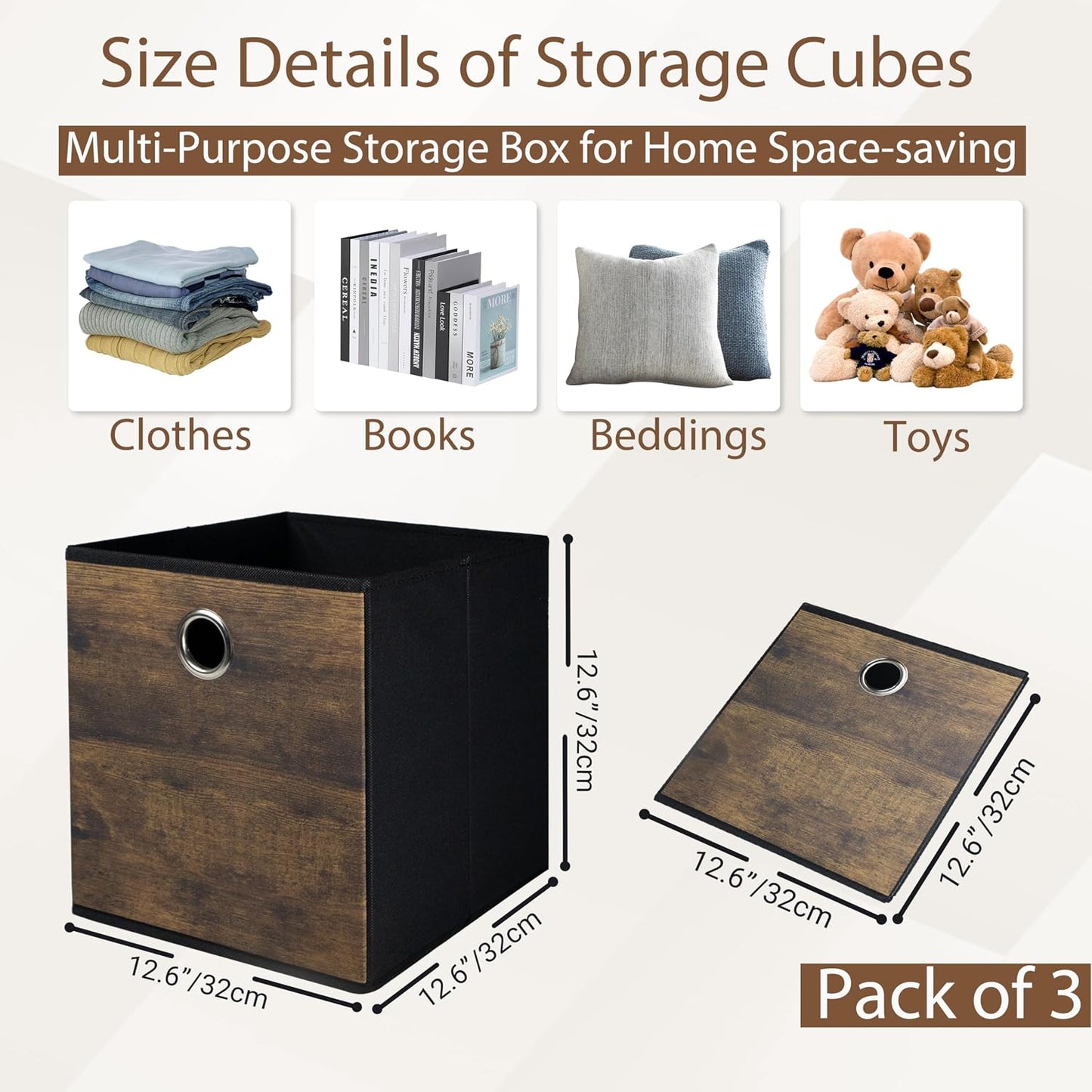Cubo almacenamiento veta madera tela gruesa paquete 3