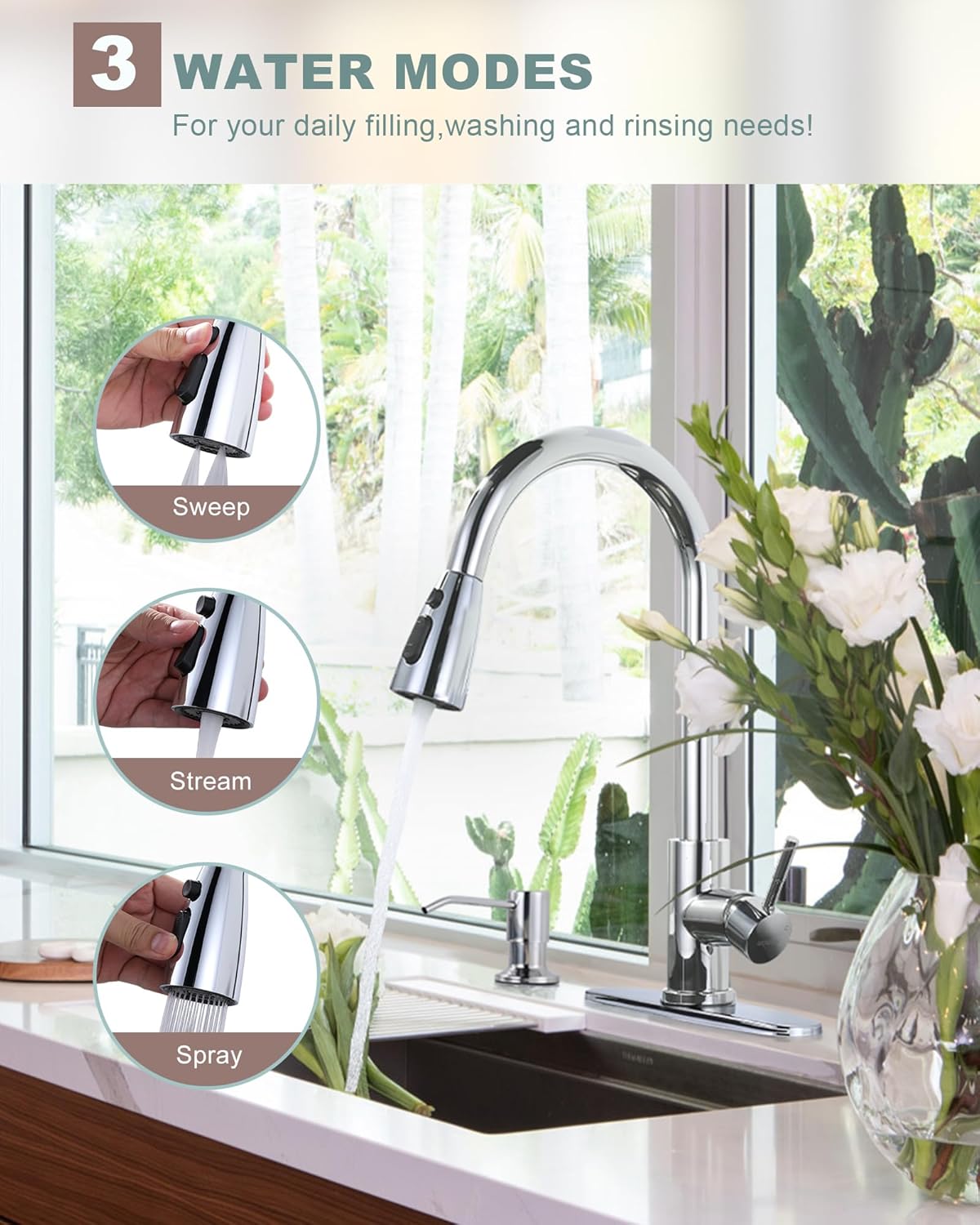 Grifo cocina cromado con dispensador jabón 2 o 4 agujeros
