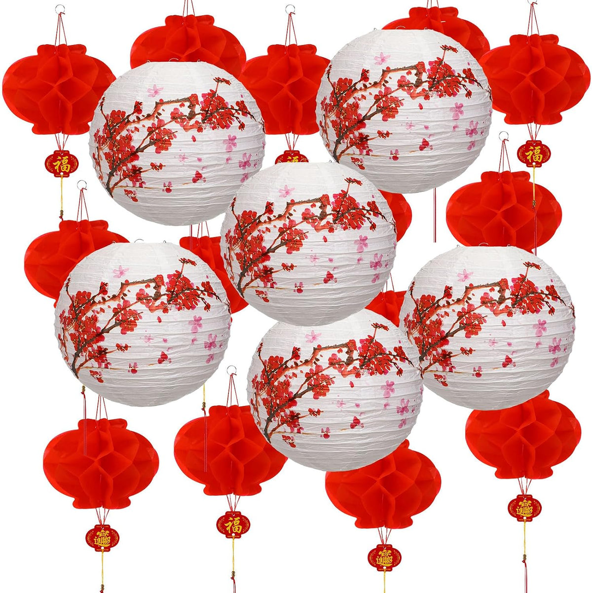 20 Linternas Papel Flores Cerezo Estilo Minimalista Blanco Rojo