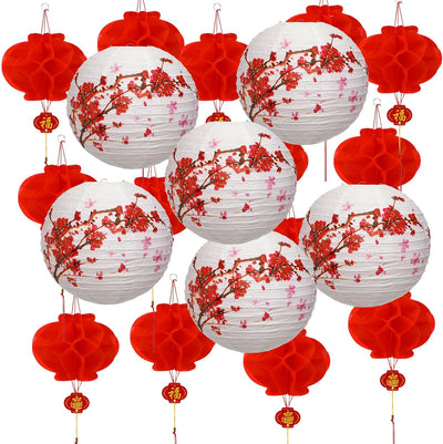 20 Linternas Papel Flores Cerezo Estilo Minimalista Blanco Rojo