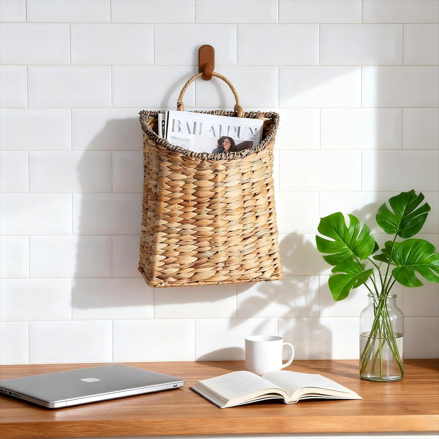 Cesta pared tejida ratán para colgar puerta corona plantas