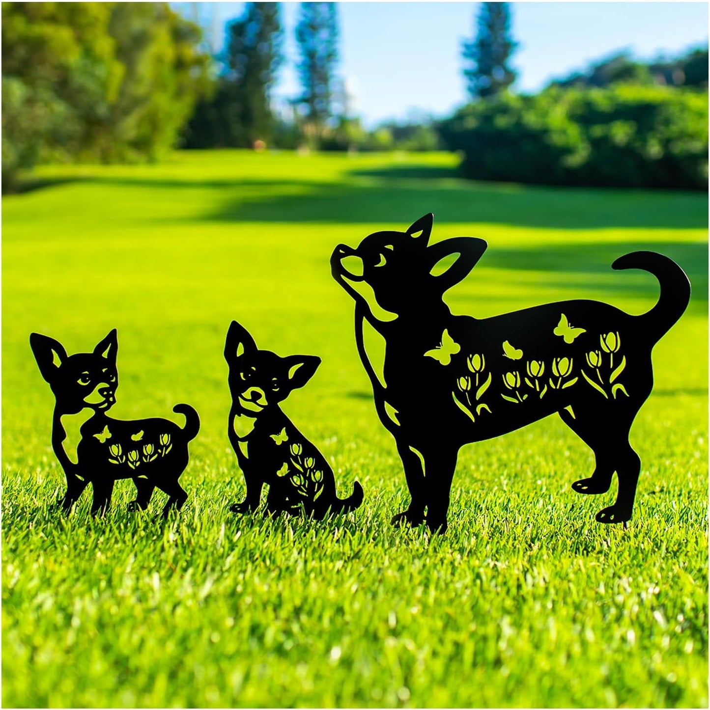 Estacas decorativas de metal con perros chihuahua para jardín