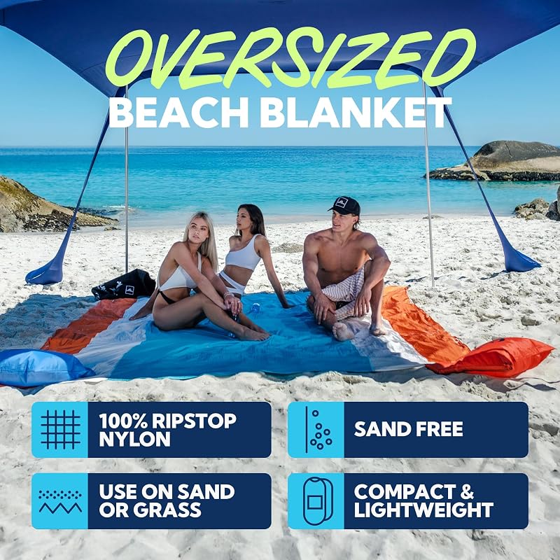 Manta playa ligera 10x9ft con bolsillos arena y estacas