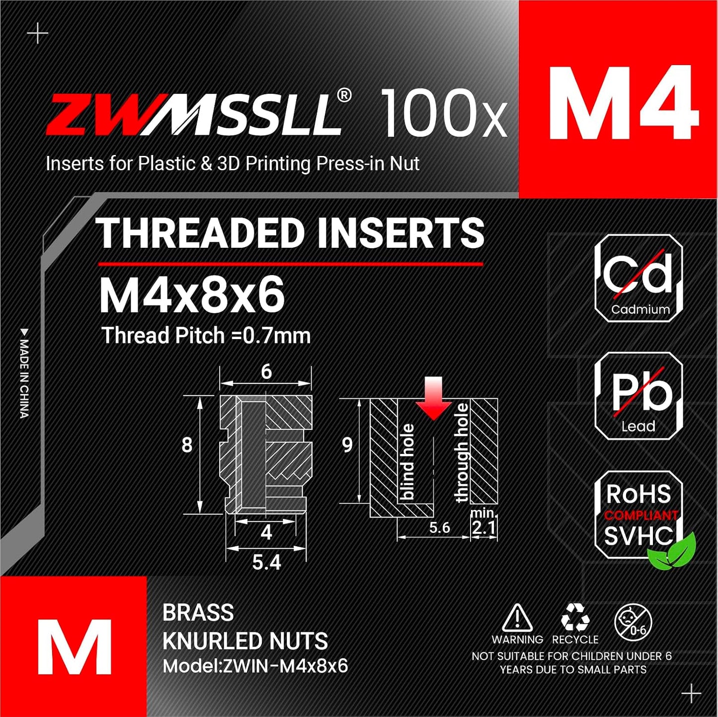 Insertos roscados M4x8x6 latón 100 pzas para impresión 3D