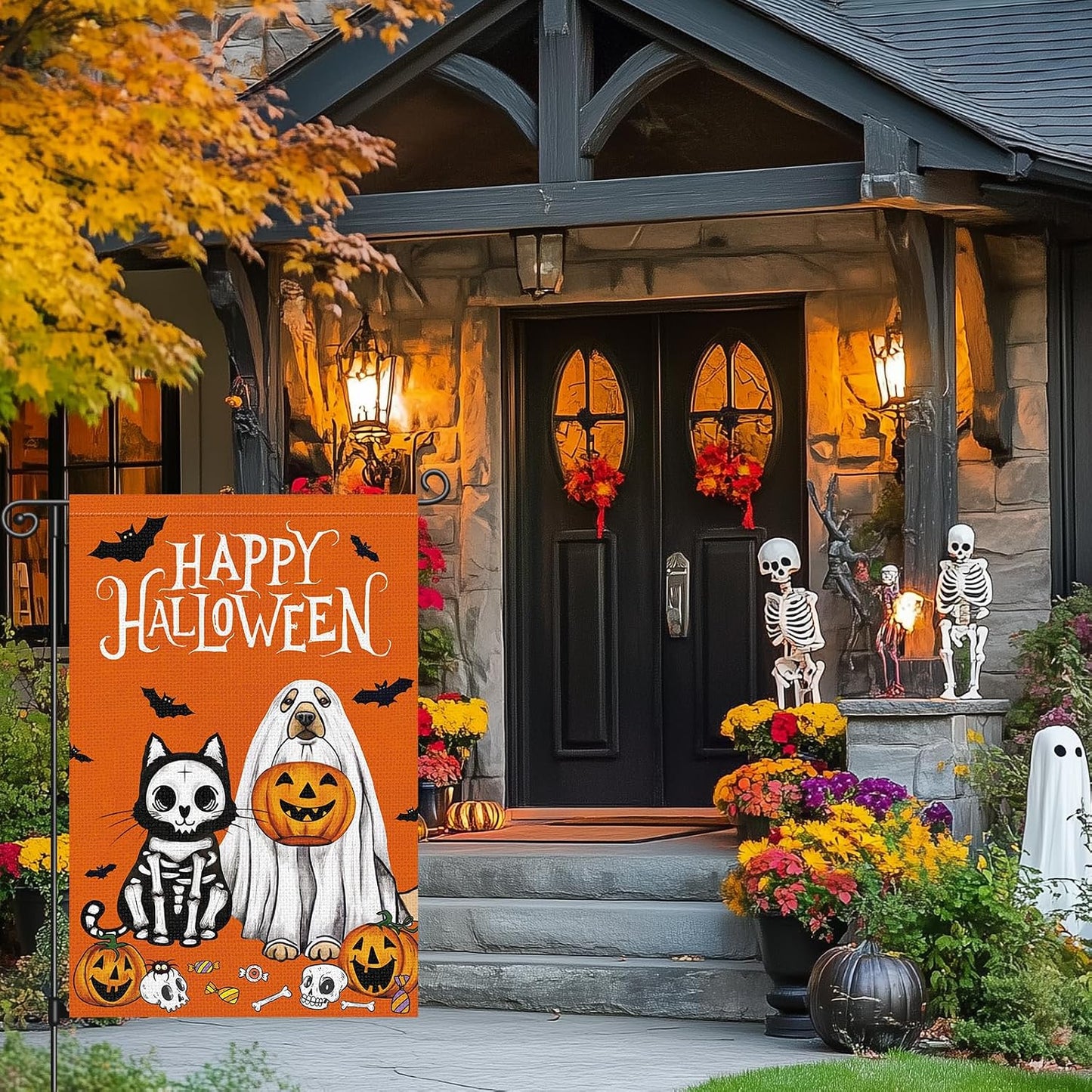 Bandera jardín perro fantasma Halloween 12x18pulg arpillera