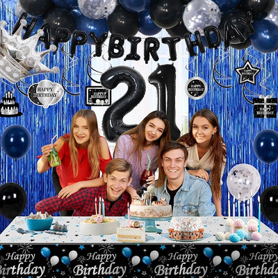 Decoración cumpleaños 21 años azul y negro