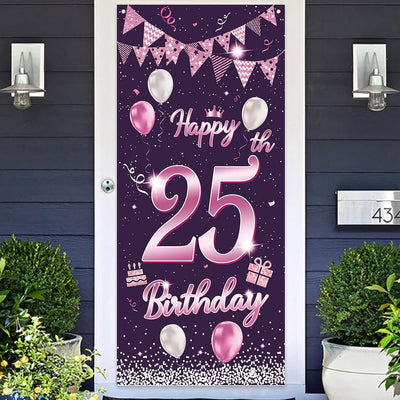 Cartel feliz cumpleaños 25 años rosa morada puerta