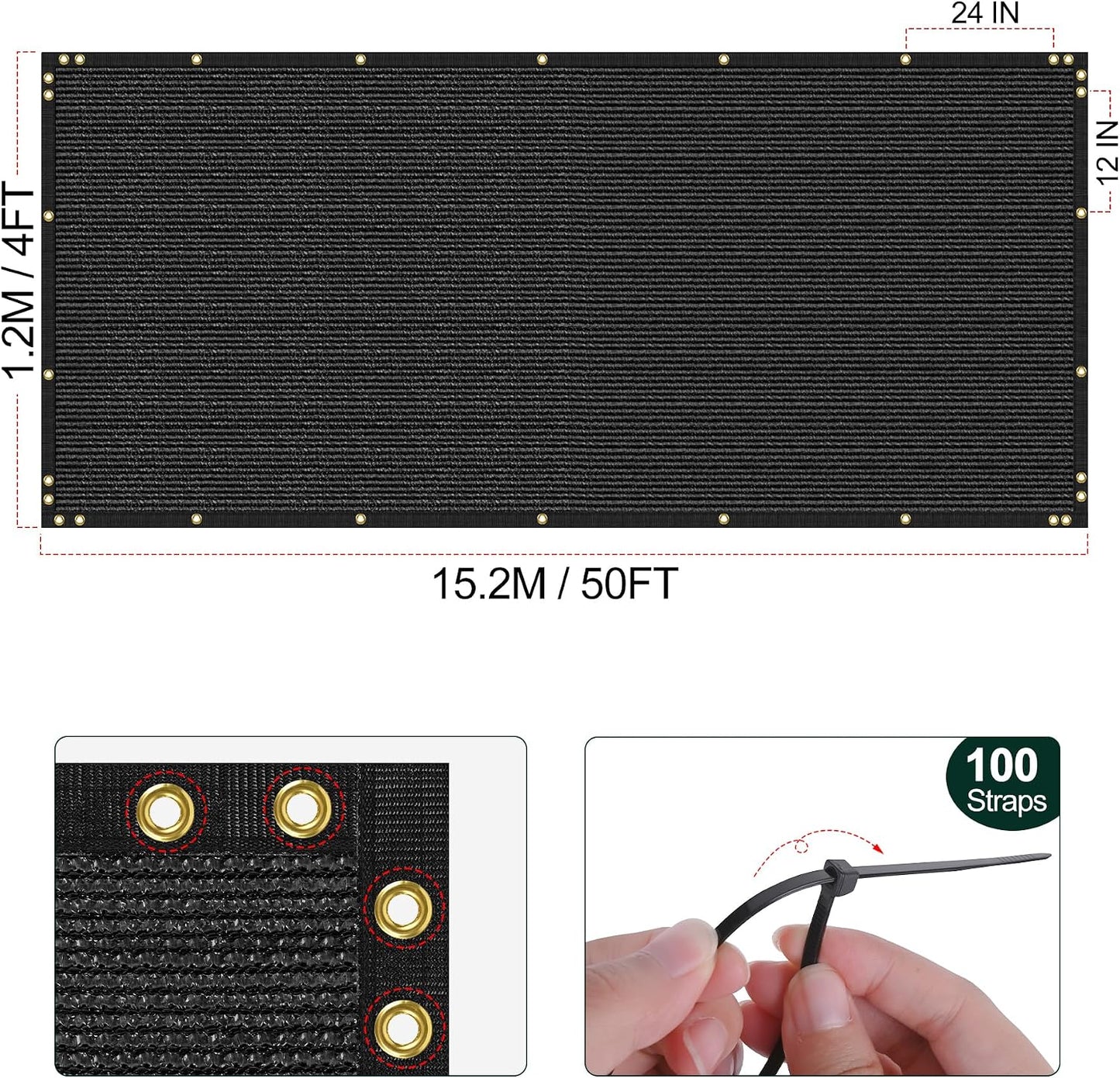 Valla privacidad 4x50ft malla negra 100 correas