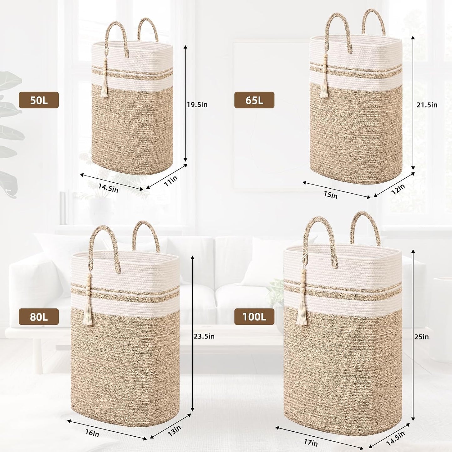 Cesta lavandería tejida 50L con borlas para ropa sucia