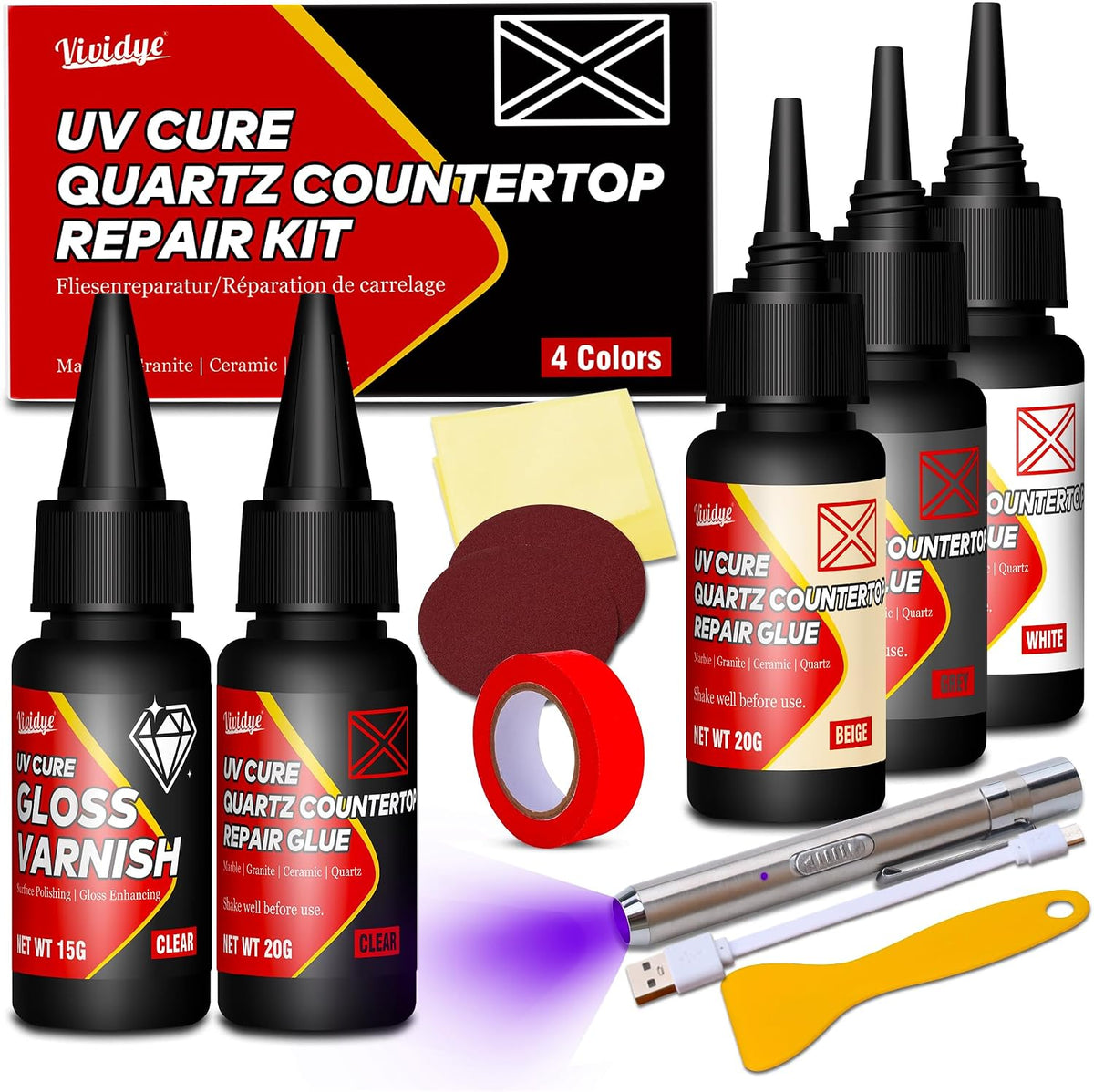 Kit reparación encimera cuarzo porcelana 4 colores luz UV barniz
