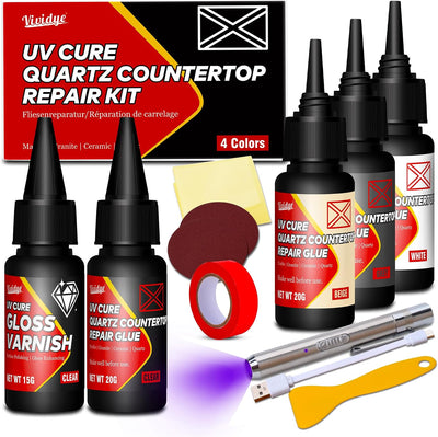 Kit reparación encimera cuarzo porcelana 4 colores luz UV barniz