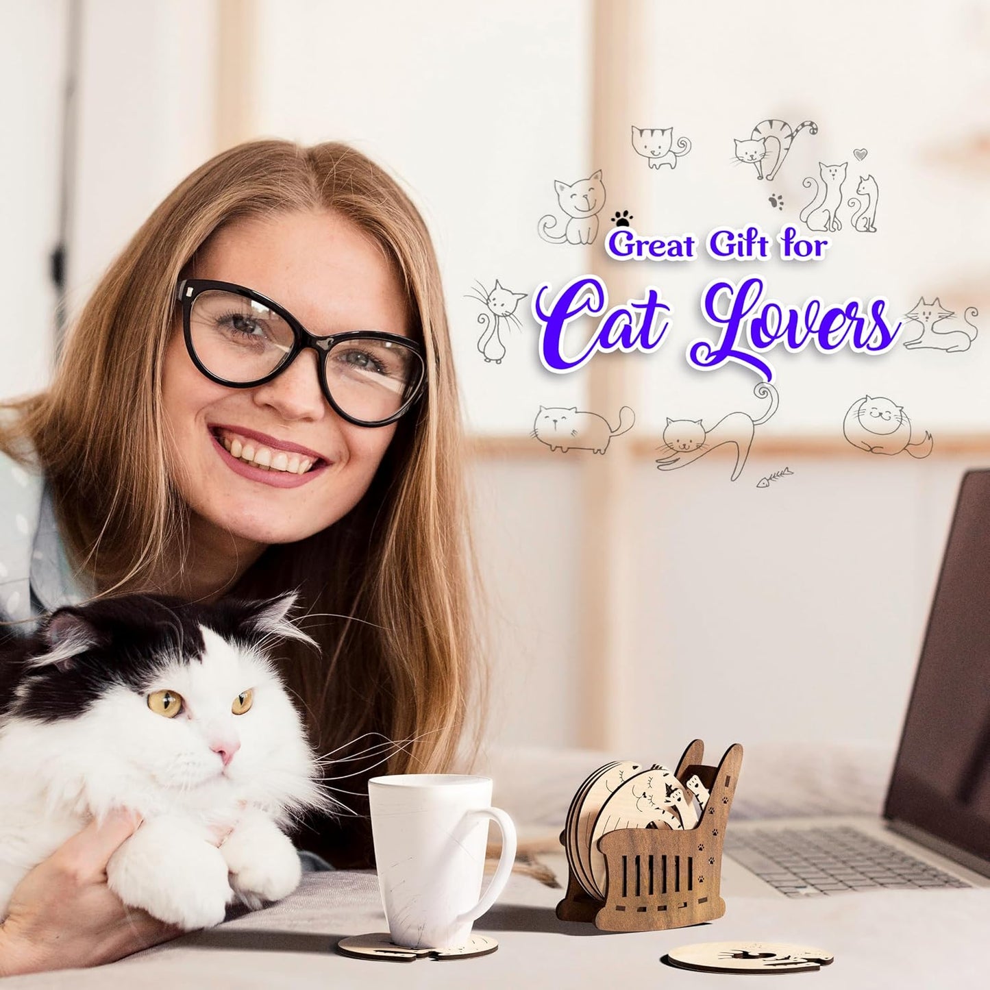6 Pzas posavasos madera tema gato decoración mesa
