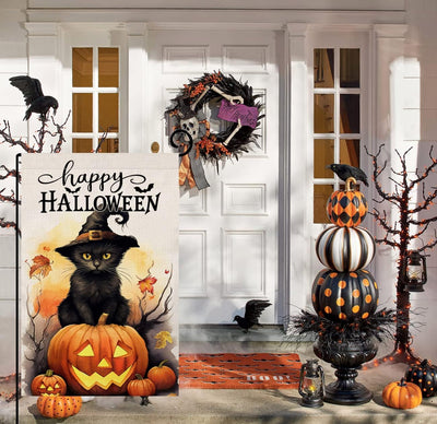 Bandera jardín gatos Halloween 12x18pulg doble cara