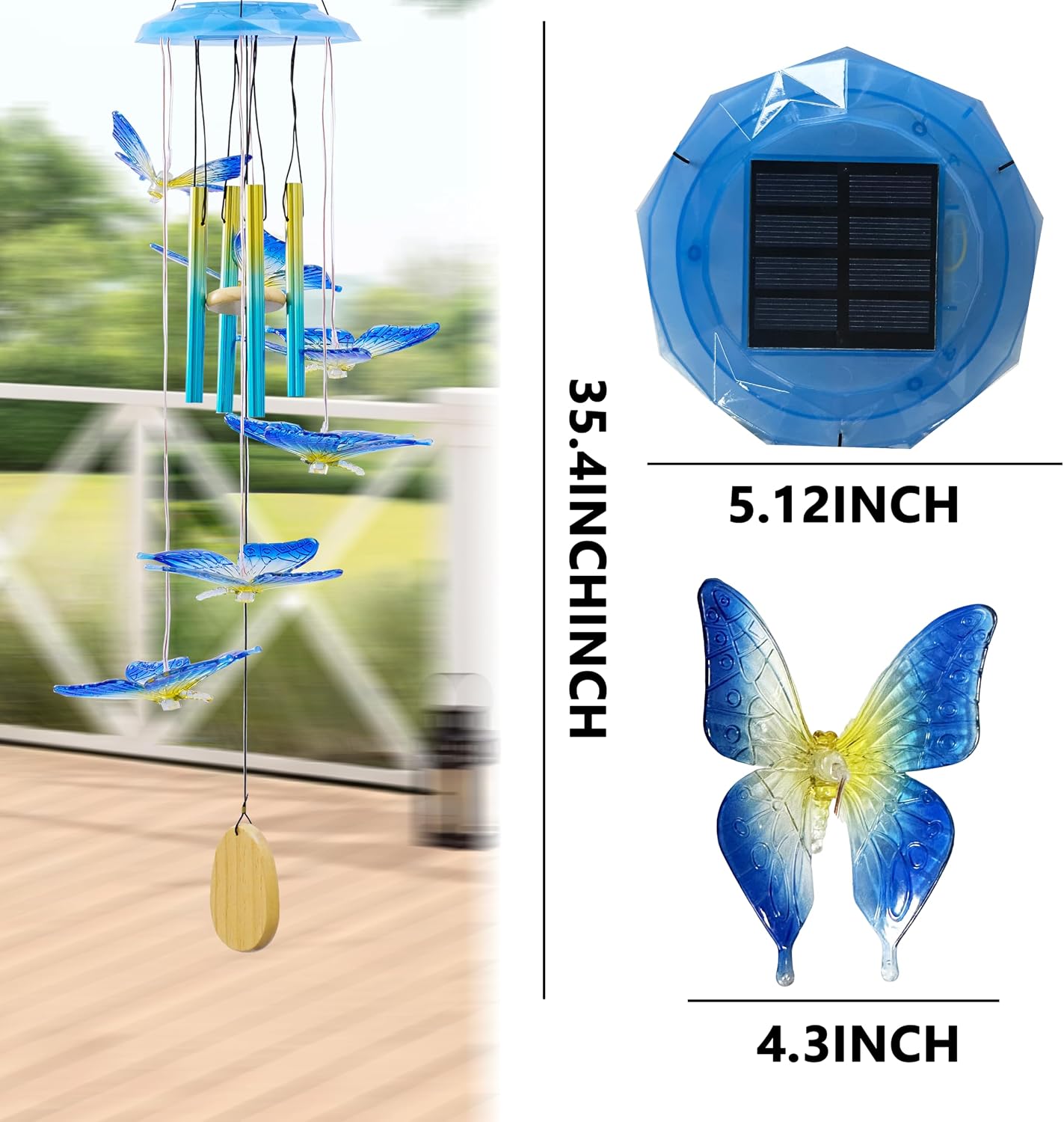 Campanilla viento solar para jardín mariposa azul