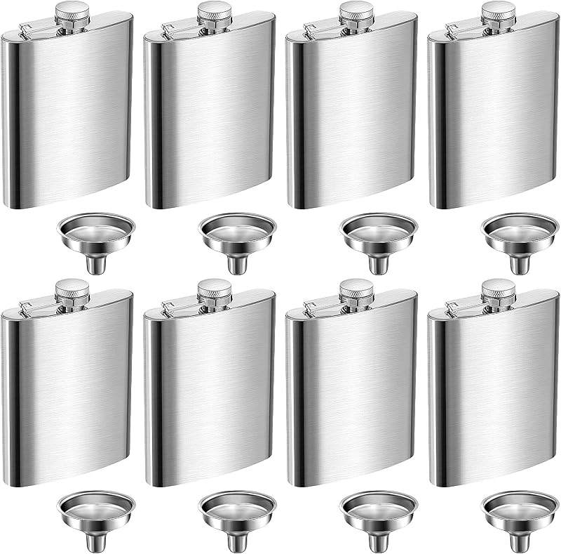 Set 8 Pzas Frascos Acero Inox 8oz con Embudo para Bodas