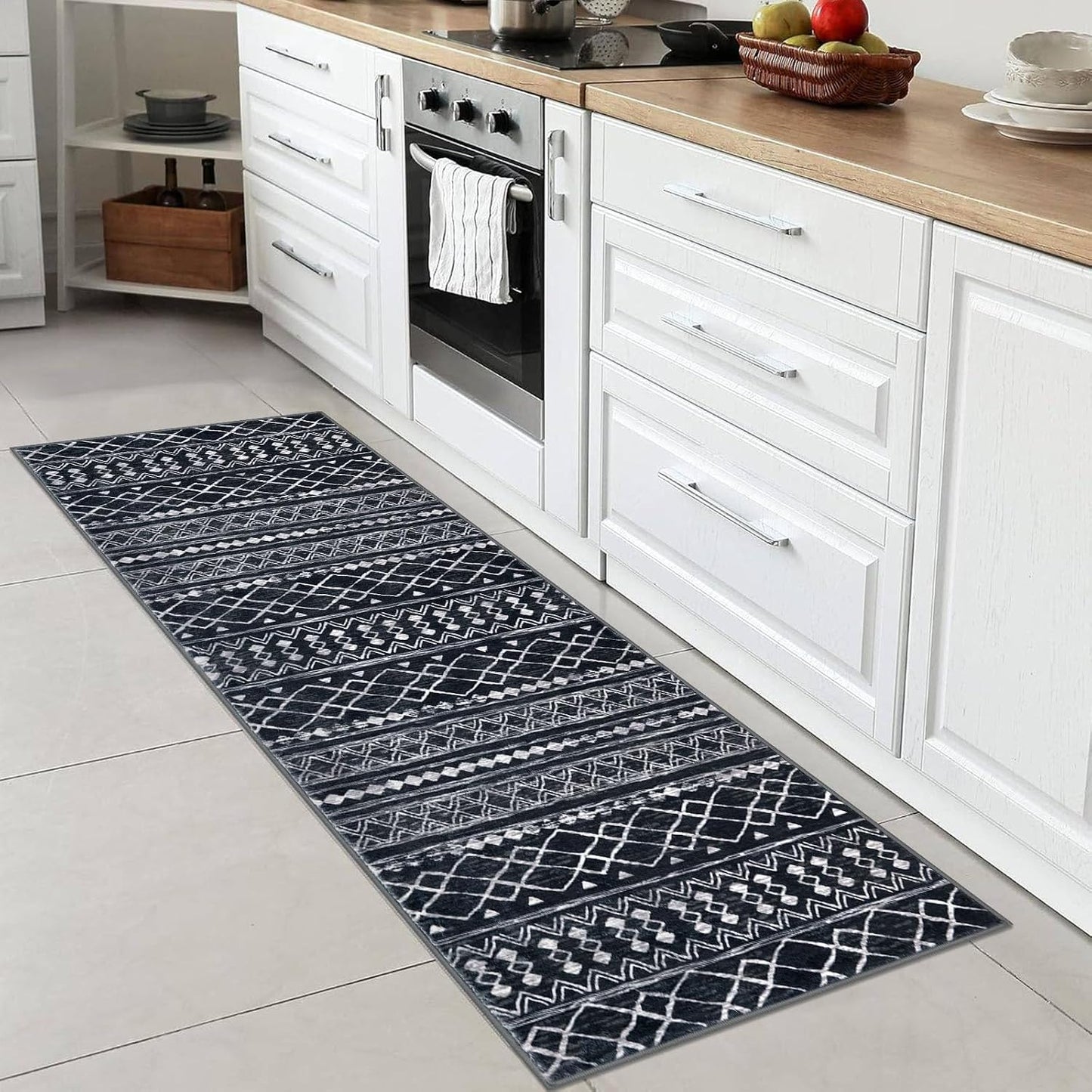 Tapete pasillo marroquí geométrico antiderrap 2x6ft negro