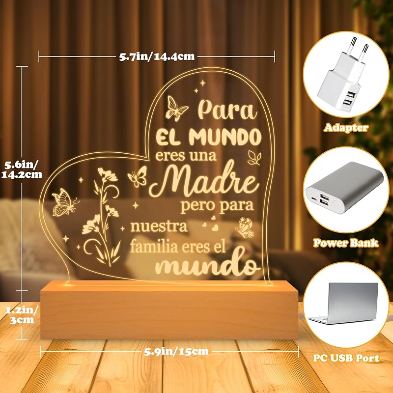 Luz Nocturna Corazón Acrílico Grabado Regalo Mamá