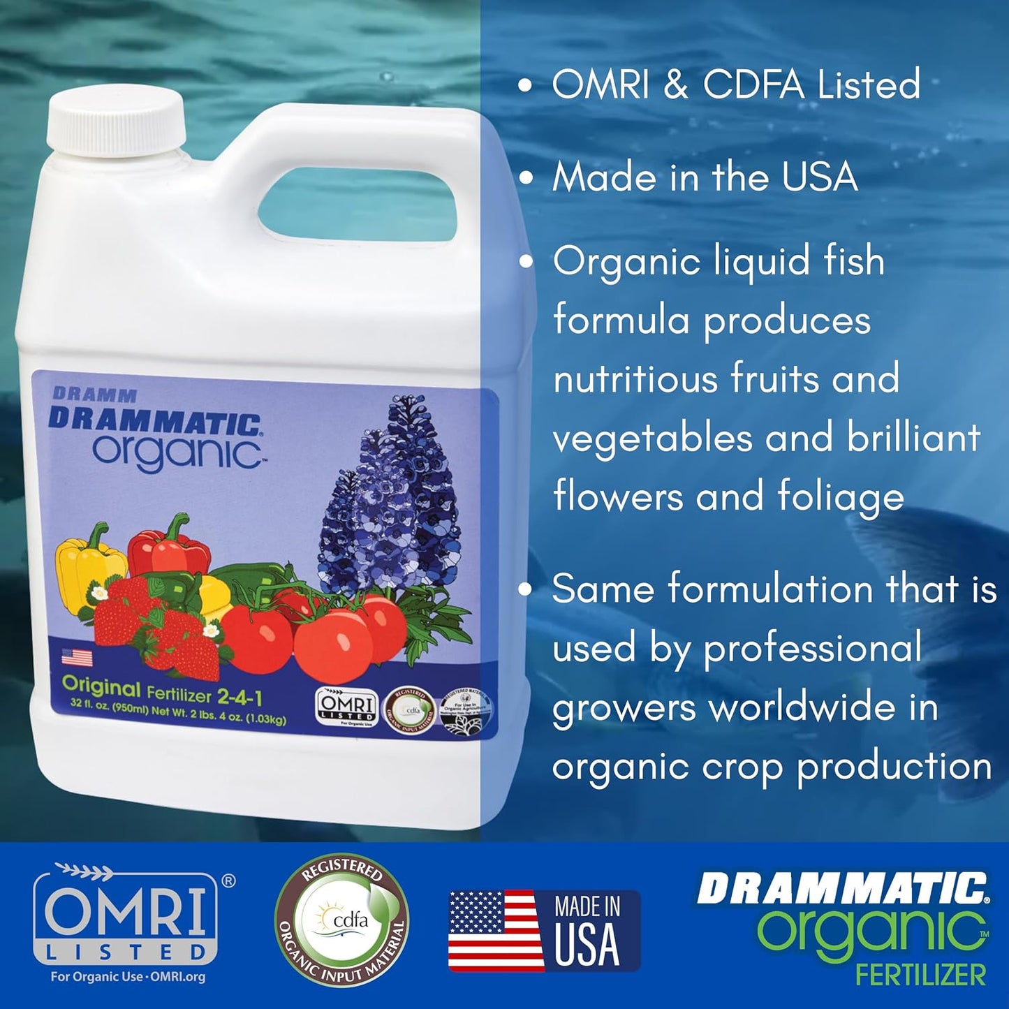 Fertilizante líquido para peces 32oz certificado OMRI