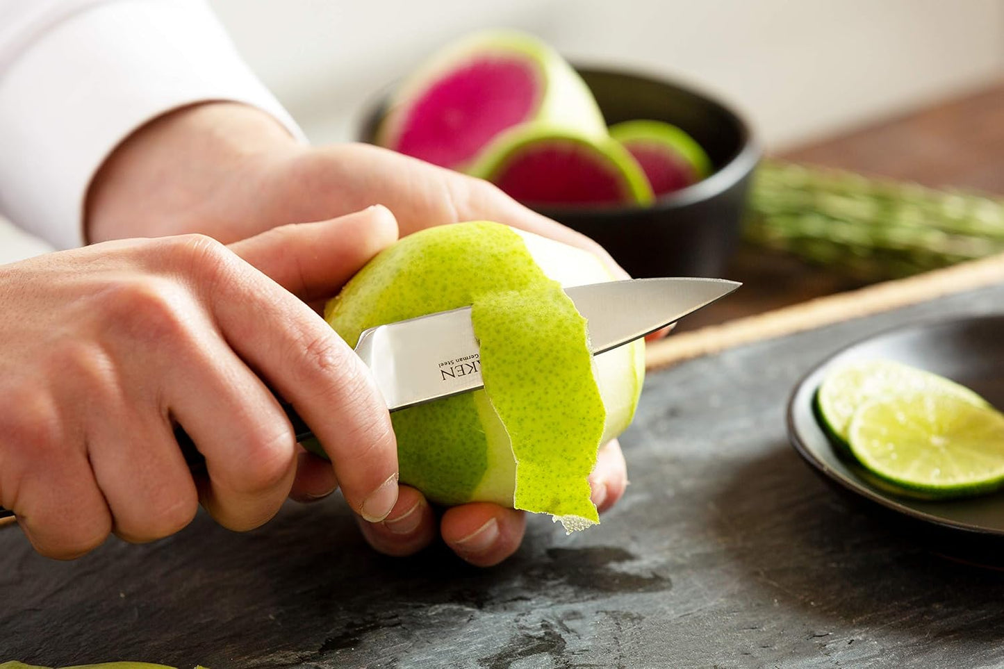 Cuchillo cocina acero alto carbono mango madera oscura 3.5pulg