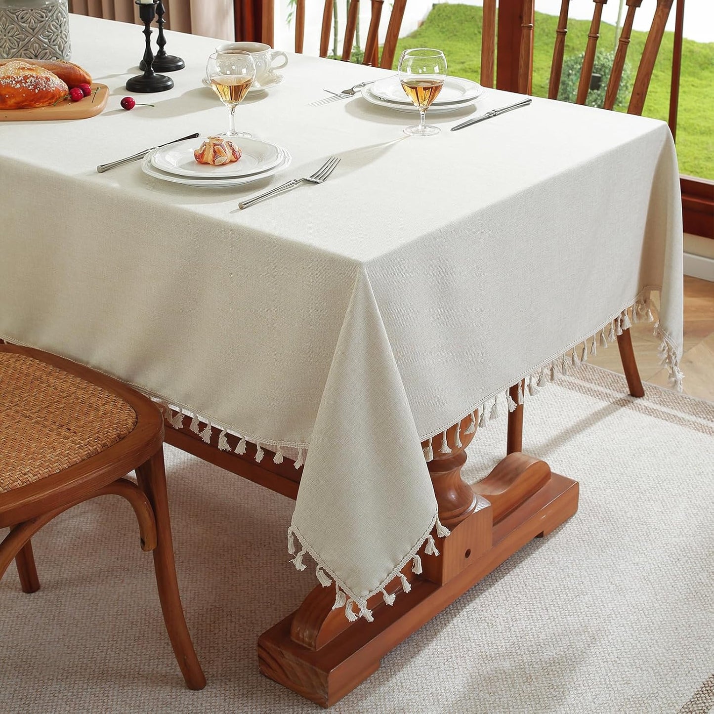 Mantel rectangular borlas poliéster impermeable 55x86 marfil