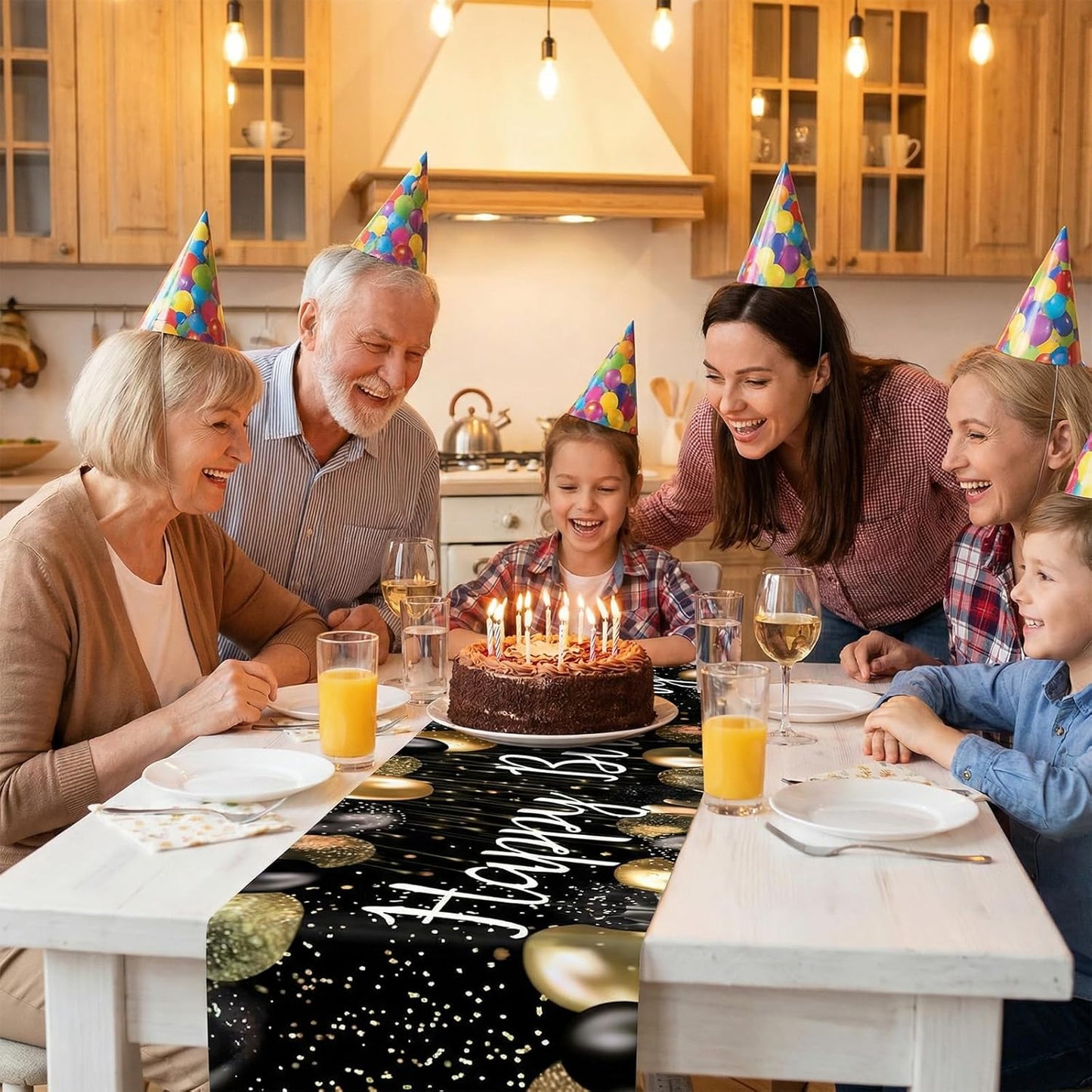 Camino Mesa Cumpleaños 72x13pulg Negro Dorado Decoración