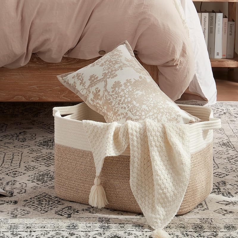 Cesta para manta tejida algodón 65L 20x16x12pulg marrón y blanco