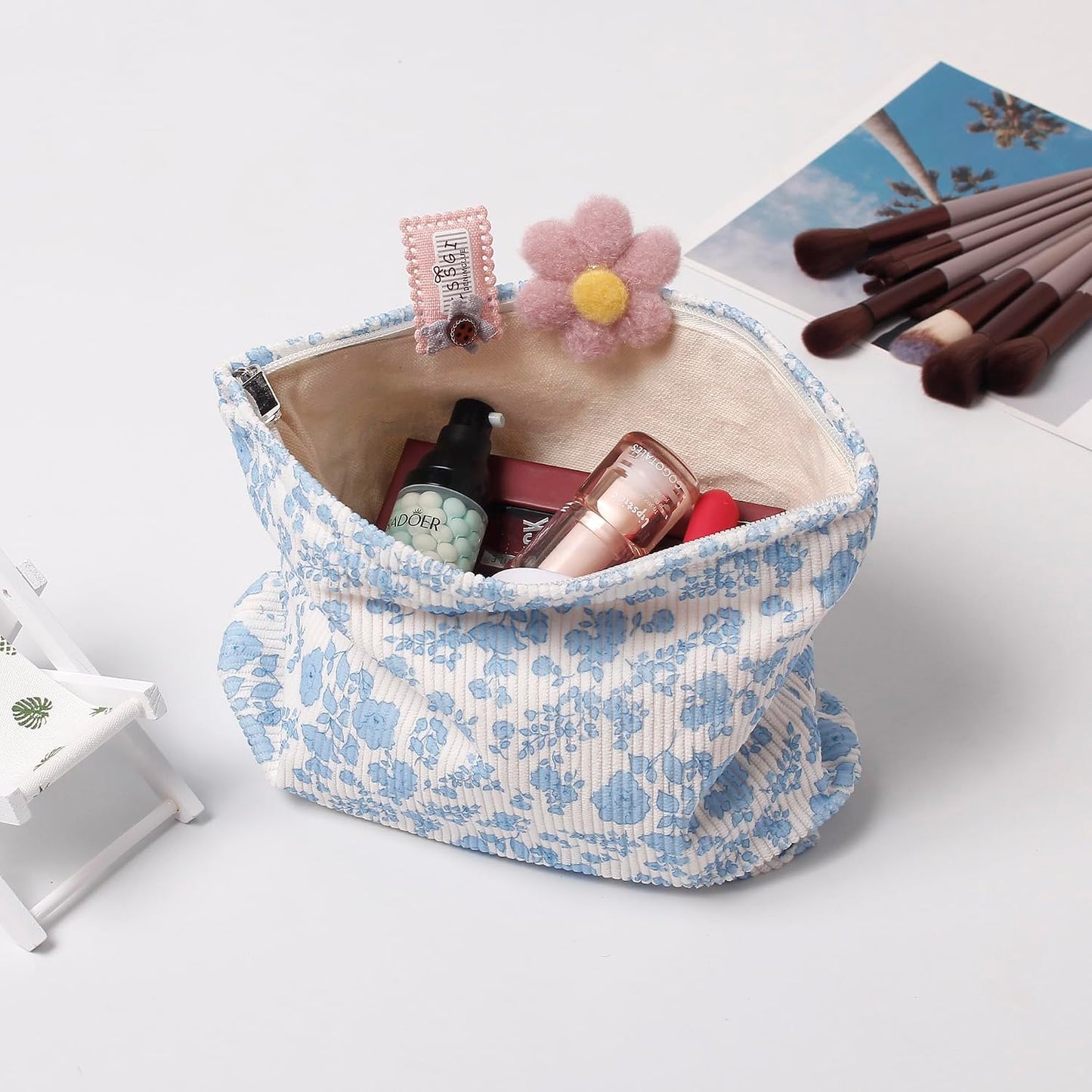 Bolsa maquillaje mujer con cremallera flores gran capacidad