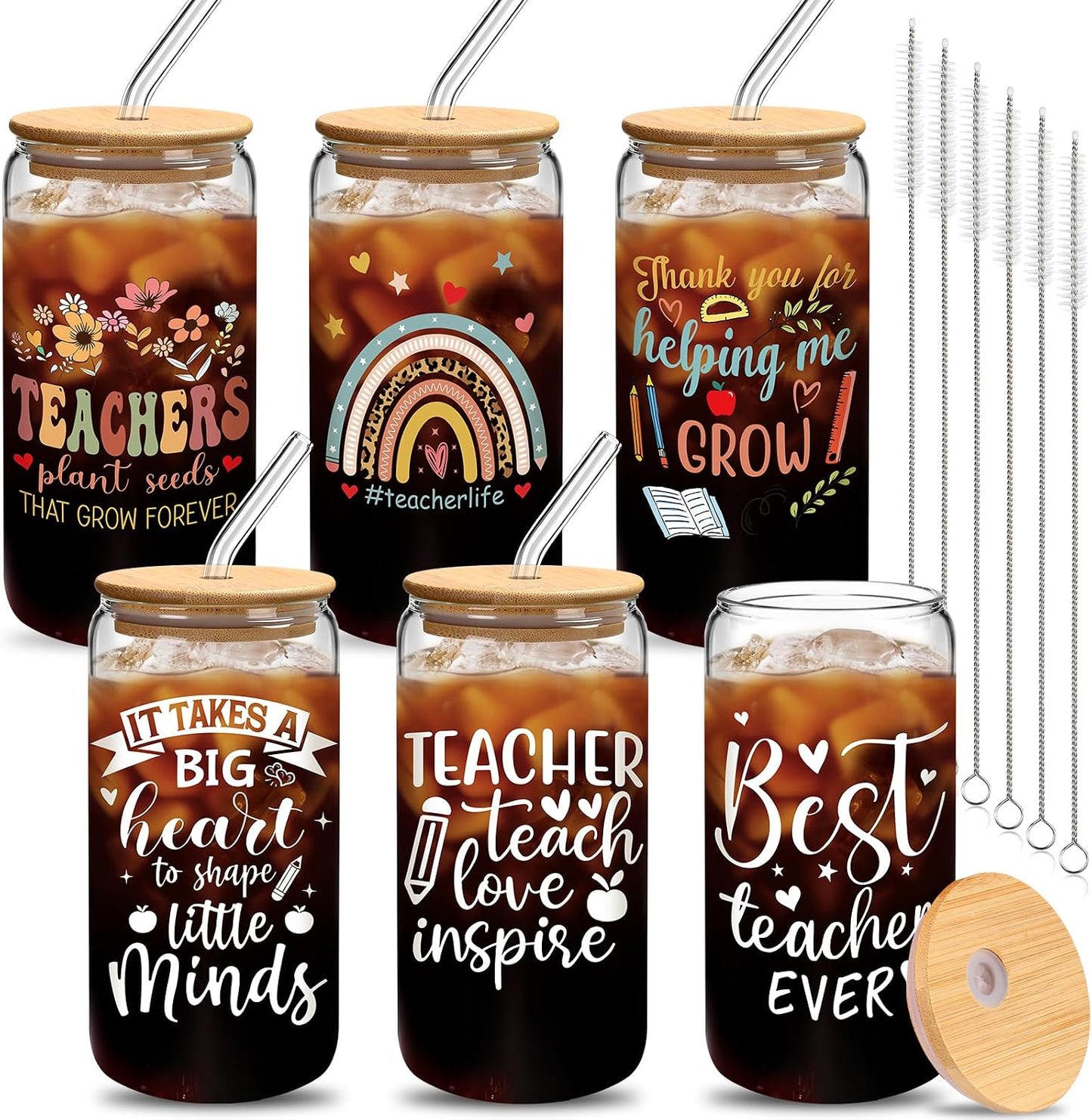 6 Vasos Vidrio 16oz con Tapas Bambú y Pajitas para Café Helado