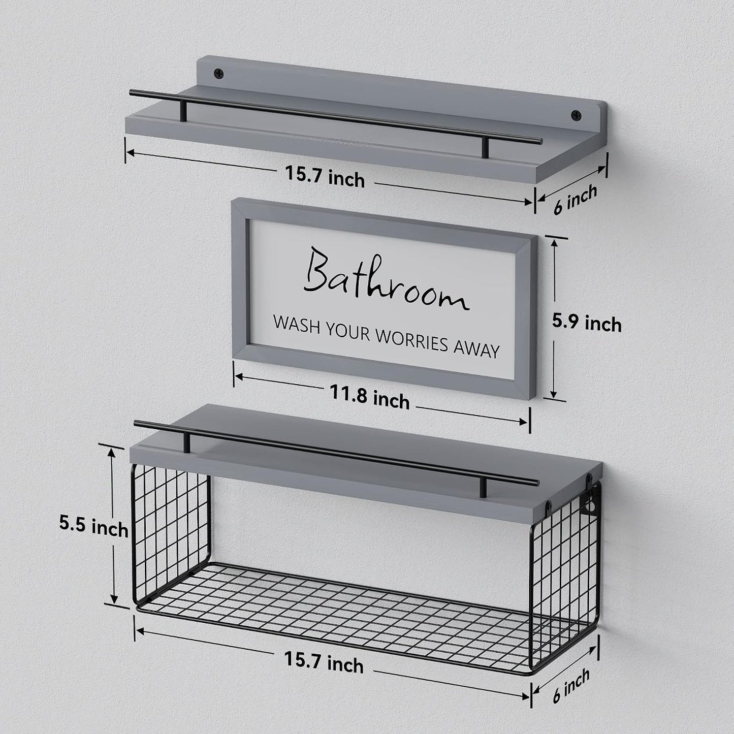 Estantes flotantes baño con barandilla metal gris moderno