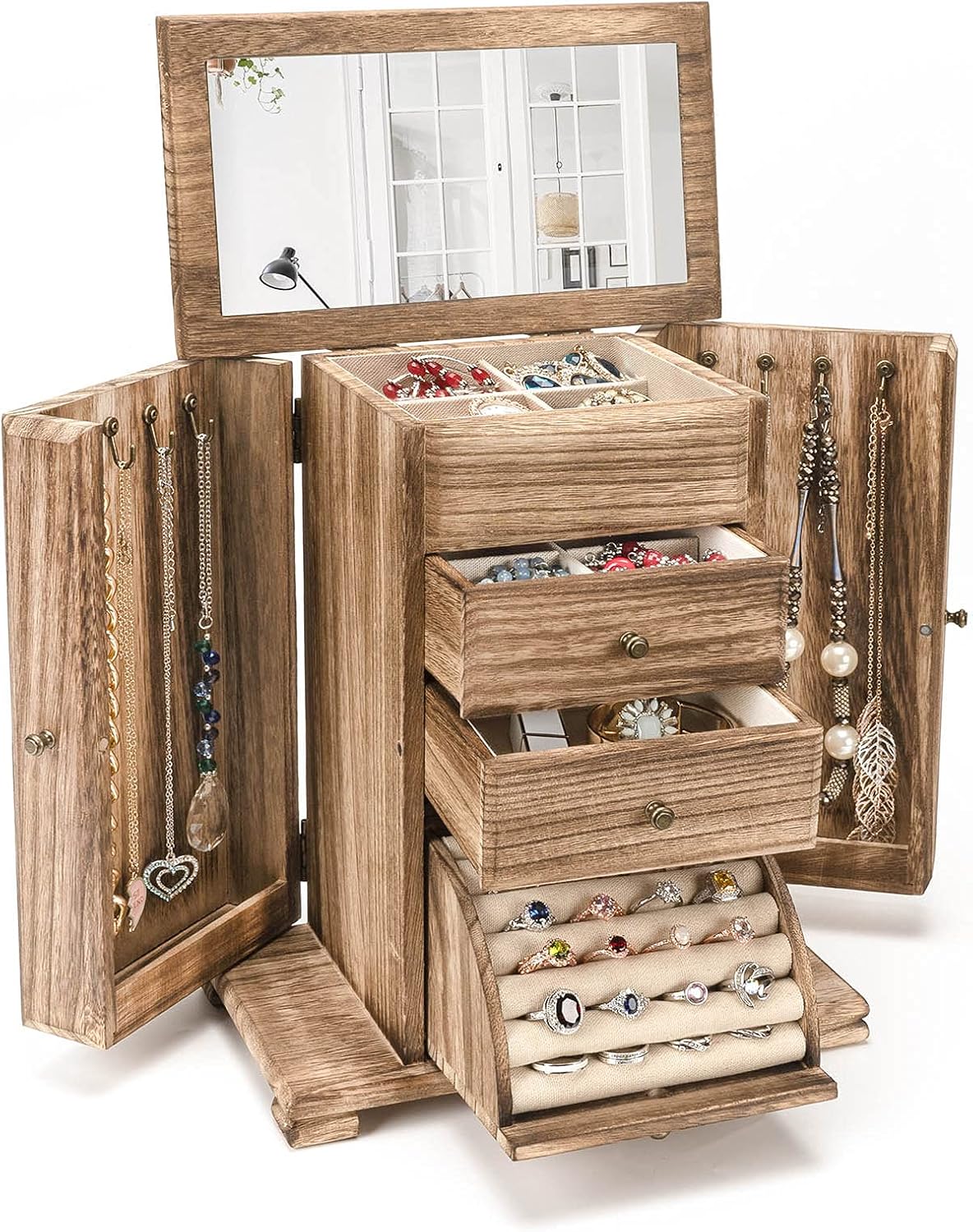 Caja joyas madera rústica con espejo 4 niveles marrón