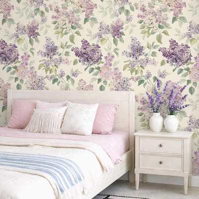 Papel tapiz vintage lila floral despegable 17.7x118pulg dormitorio