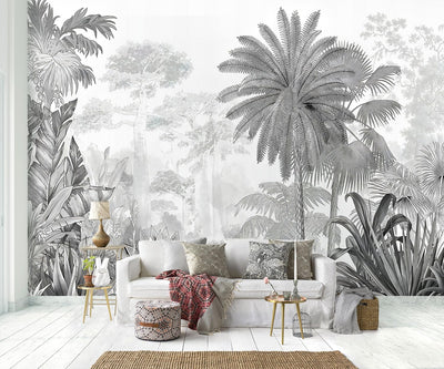 Papel pintado hojas jungla gris no pelar y pegar