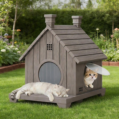 Casa gato al aire libre resina duradera con base elevada gris