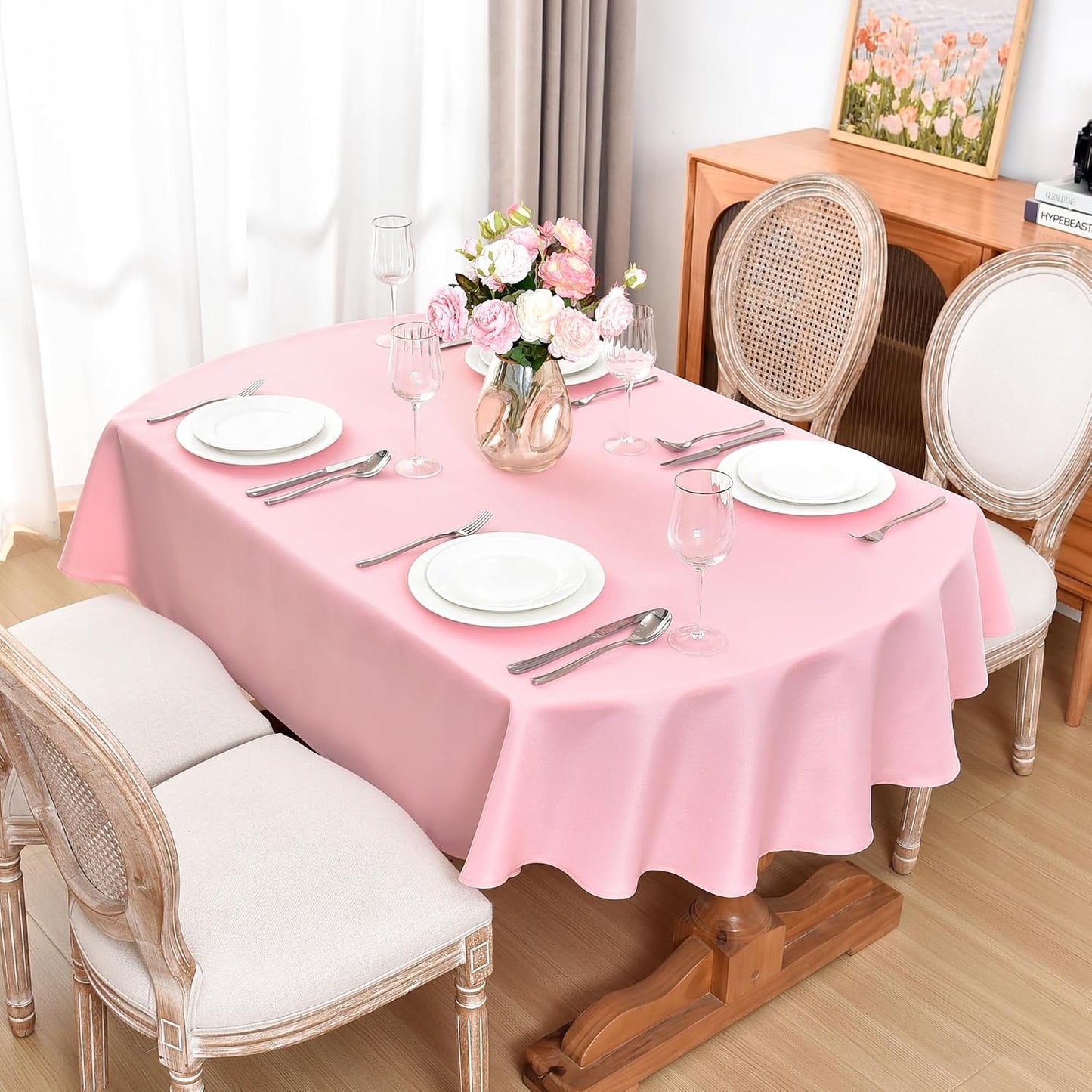 Mantel Ovalado Poliéster 60x84pulg Color Rosa Resistente Hogar