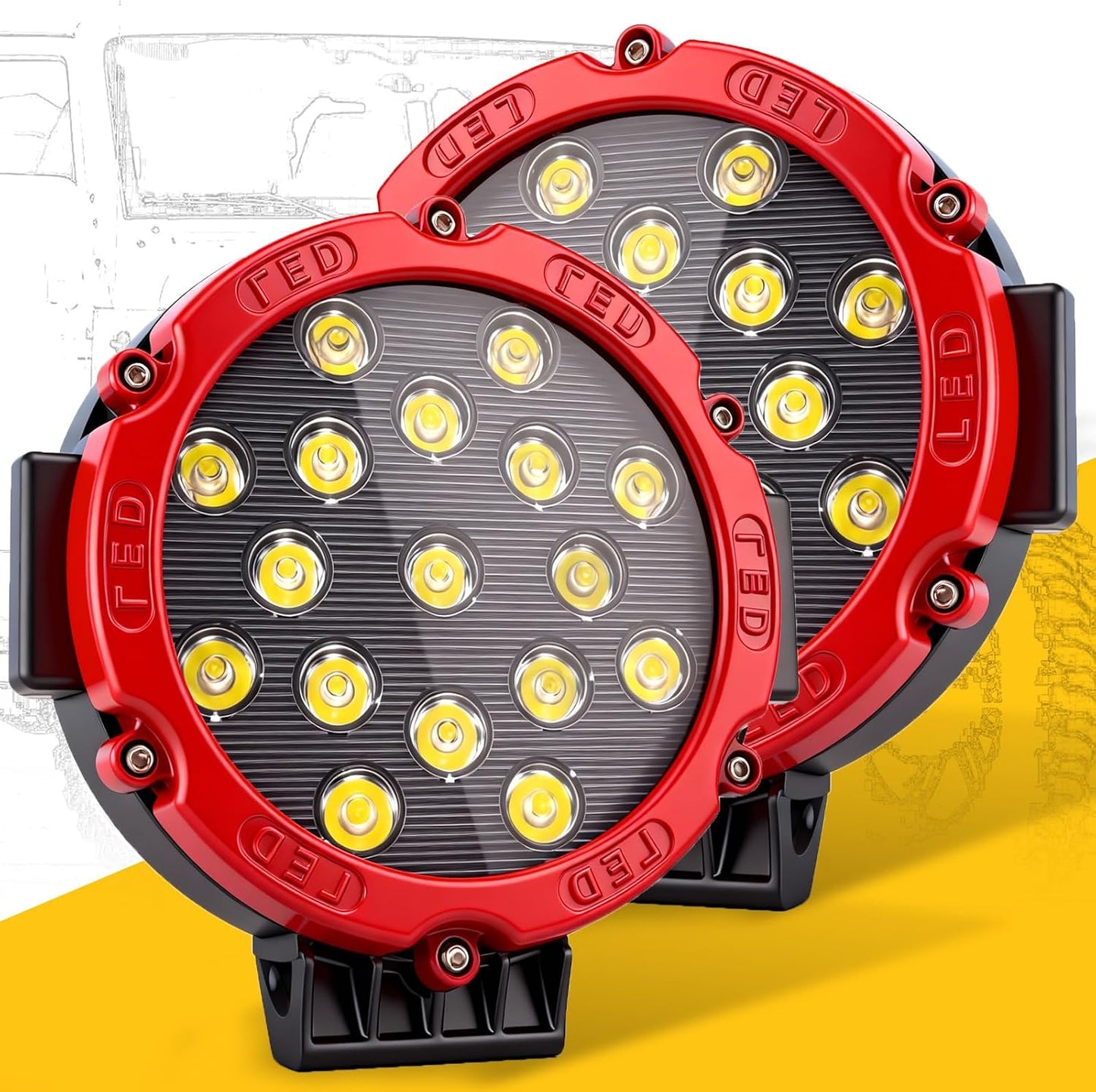 Luz trabajo LED 51W 5100lm redonda roja antiniebla