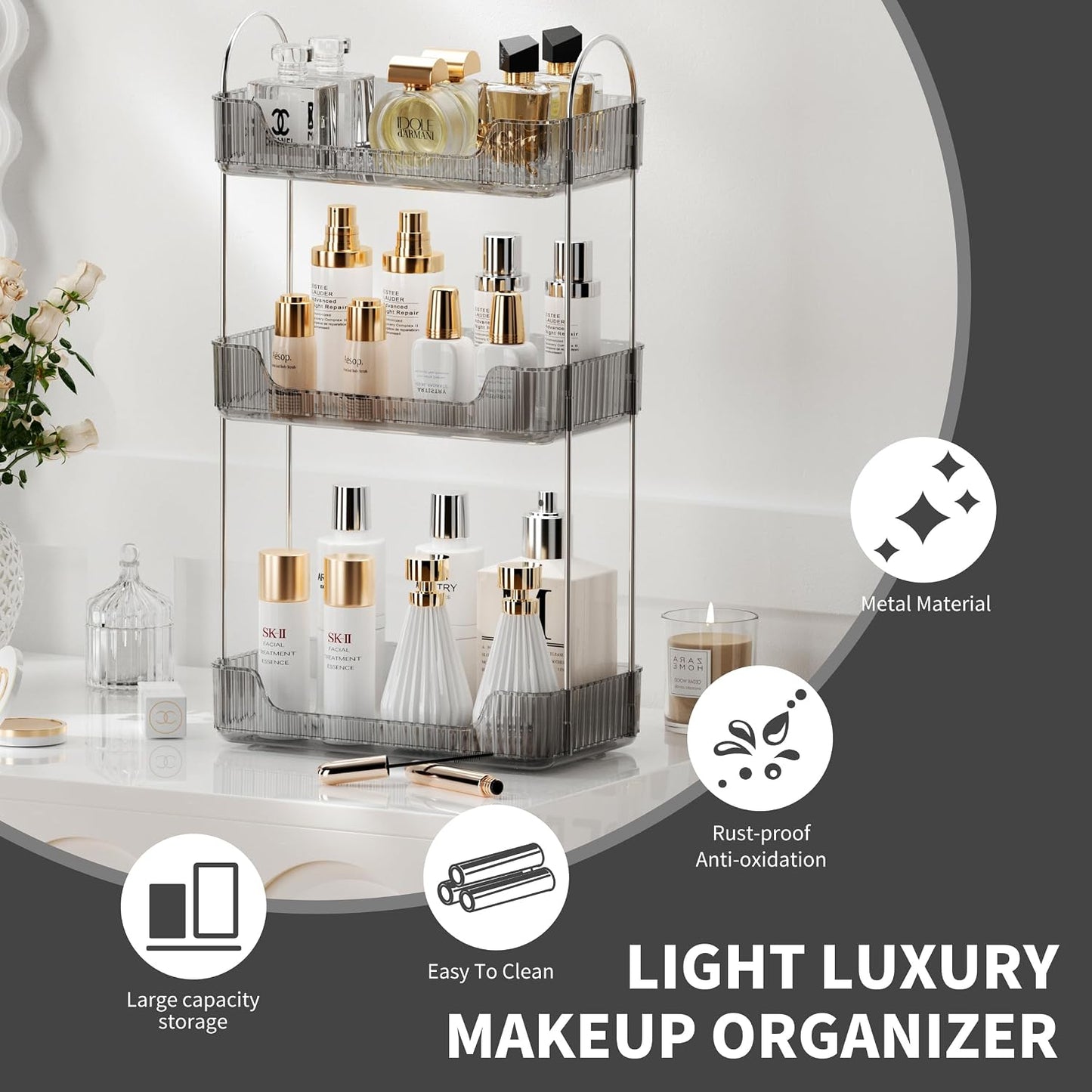 Organiz. baño 3 niveles bandeja maquillaje piel gris