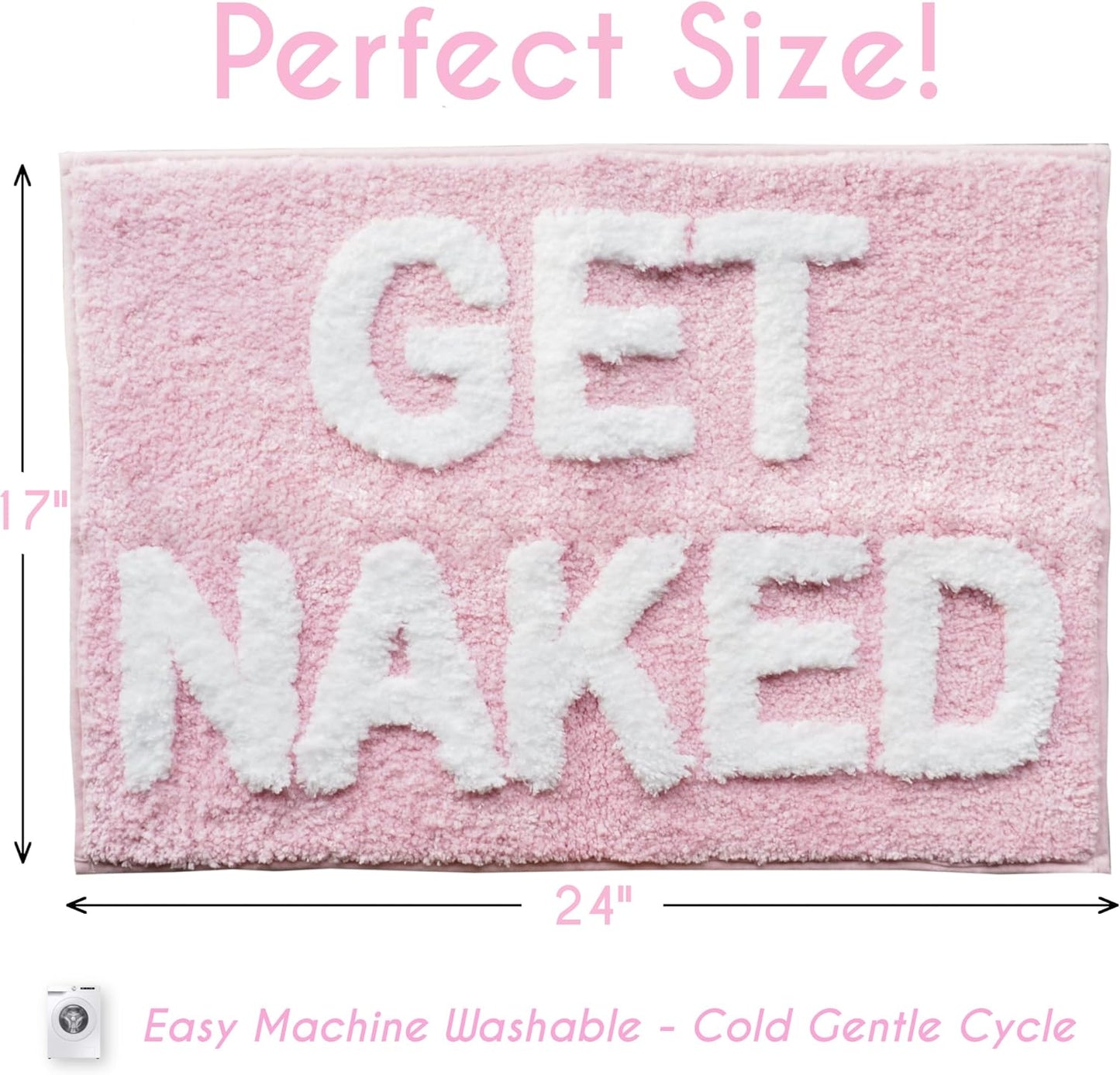 Alfombra baño texto Get Naked antiderrap rosa claro