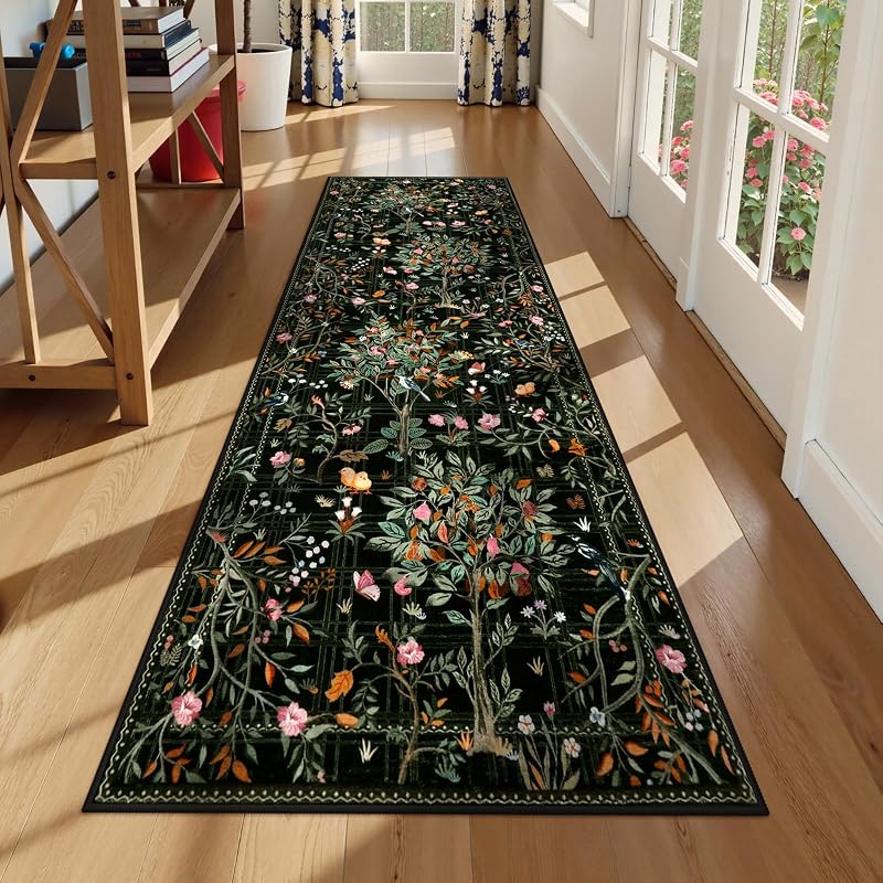 Alfombra pasillo lavable diseño floral 2x8ft negro