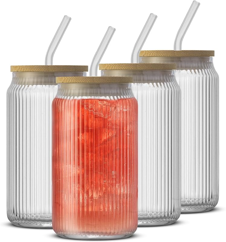 Vasos vidrio acanalados con tapas bambú y pajitas 16oz set 4