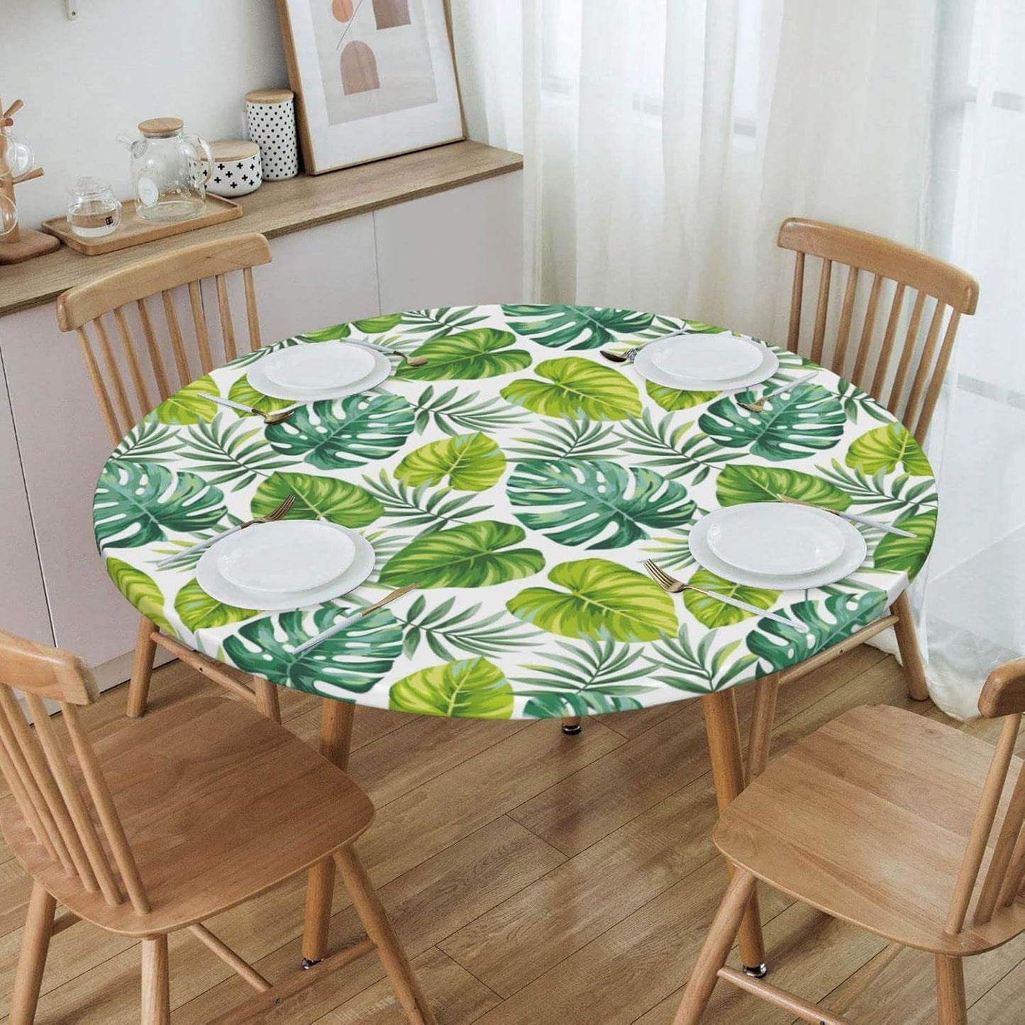 Mantel redondo ajustable hojas palmera verde 45-50"