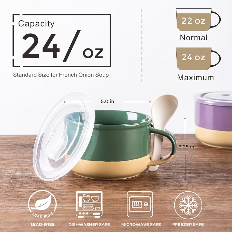 Set 4 Tazas Sopa Cerámica con Tapas y Asas Multicolor