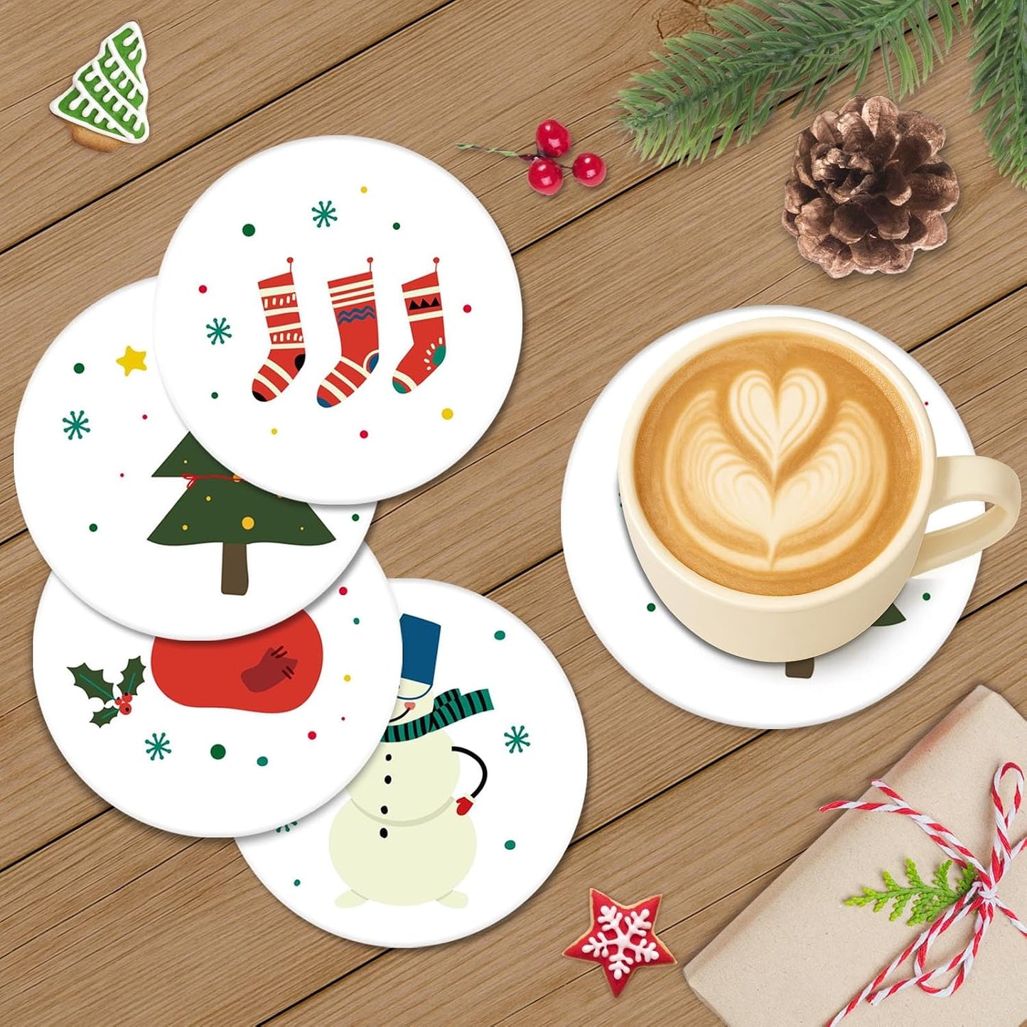 6 Pzas Posavasos Navidad con Base Corcho y Soporte Metal